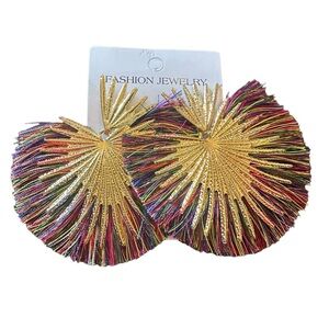 Multicolored and Gold Fringe Large Fan Earrings